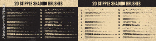 Ink scatter brush, stipple drawing and texturing. Fading gradient. Stippling, dotwork drawing, shading using dots. Halftone disintegration effect. White noise grainy texture. Vector illustration.