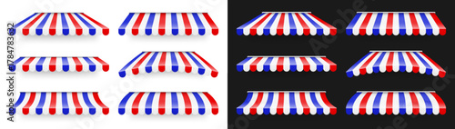 Shop sunshade. Realistic striped cafe awning. Outdoor market tent. Roof canopy in French flag colors. Summer street store. Vector illustration.