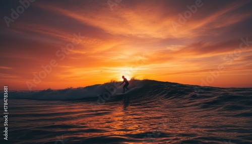 Fototapeta Naklejka Na Ścianę i Meble -  Surfer rides wave at sunset under dramatic orange sky, symbolizing freedom, courage, and harmony with nature, perfect for lifestyle, adventure, or travel concepts