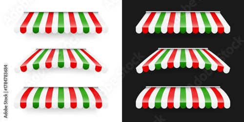 Shop sunshade. Realistic striped cafe awning. Outdoor market tent. Roof canopy in Italian flag colors. Summer street store. Vector illustration.