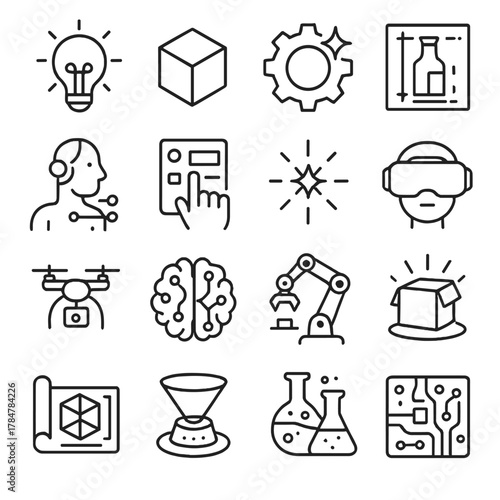 Innovation and technology linear icon set. featuring bulb, cube, cog, virtual, drone, brain symbols