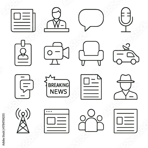 Media and communication linear icon set. featuring news, microphone, chat, id, and broadcast symbols