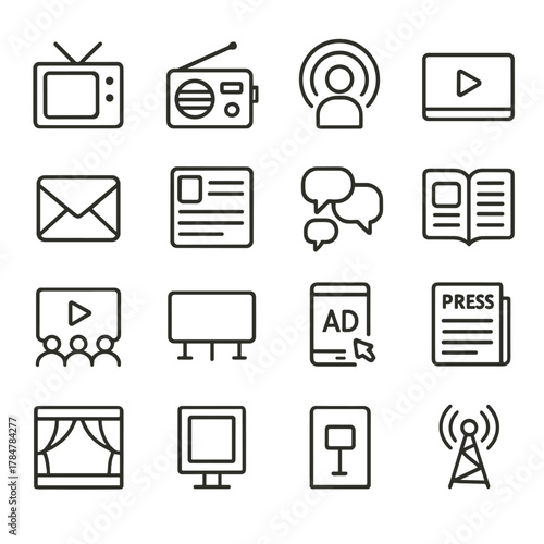 Media and communication linear icon set. featuring tv, radio, podcast, video, email, chat, newspaper, and billboard symbols