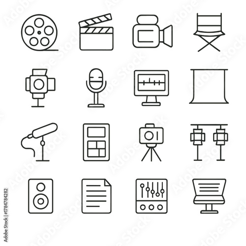 Film industry linear icon set. featuring camera, clapperboard, microphone, editing, director chair symbols