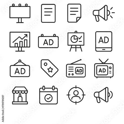 Marketing linear icon set. featuring billboard, document, megaphone, chart, ad board, price tag, and media symbols
