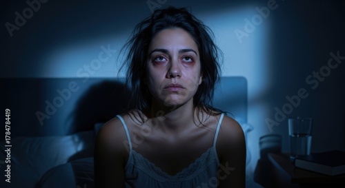 Young hispanic woman with dark circles under her eyes sitting sleepless in bed at night. Concept of insomnia, sleep deprivation, stress, and anxiety.