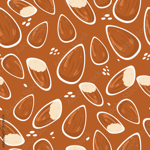 Almond seamless pattern with white outline and dark brown background. Healthy food element. Can be used for wallpaper, paper wrapping, organic food branding and decoration.