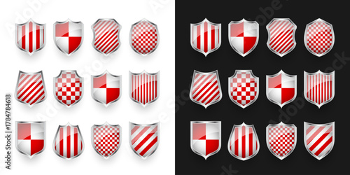 Glossy shields with red and black white. Security and protection concept. Cyber safety icons, internet privacy, web defense, digital data protection and   themes. Vector illustration.