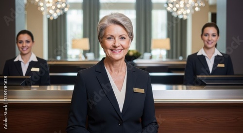 Senior woman receptionist smiling at hotel front desk with two female colleagues. Hospitable service in a luxury lobby setting. Hospitality industry professional.