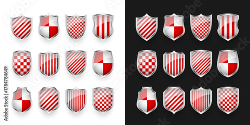 Glossy shields with red and black white. Security and protection concept. Cyber safety icons, internet privacy, web defense, digital data protection and   themes. Vector illustration.