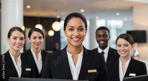 Indian woman with diverse business team behind her. Successful professional employees smiling together. Corporate diversity and confident colleagues.