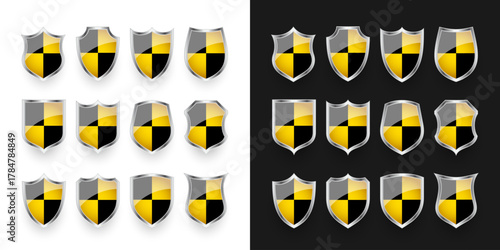 Glossy shields with yellow and black pattern. Security and protection concept. Cyber safety icons, internet privacy, web defense, digital data protection and antivirus themes. Vector illustration.