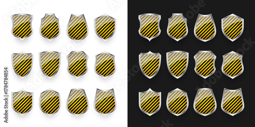 Glossy shields with yellow and black pattern. Security and protection concept. Cyber safety icons, internet privacy, web defense, digital data protection and antivirus themes. Vector illustration.