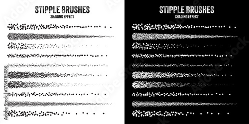 Ink scatter brush, stipple drawing and texturing. Fading gradient. Stippling, dotwork drawing, shading using dots. Halftone disintegration effect. White noise grainy texture. Vector illustration.