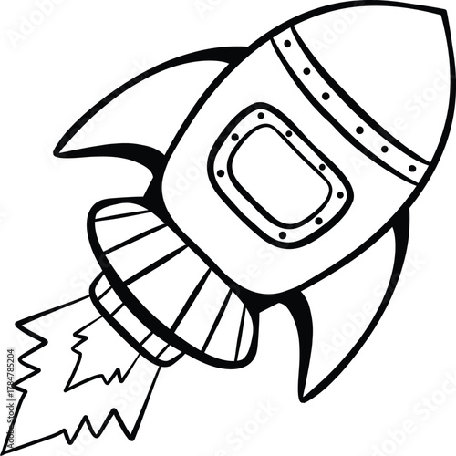 A black and white outline drawing of a cartoon rocket ship launching into space with flames.