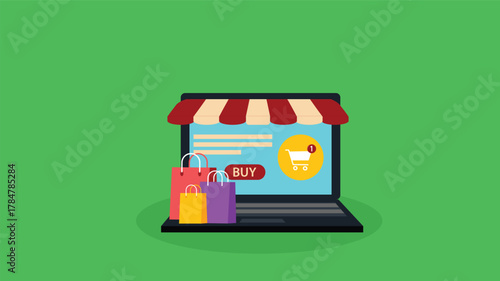  online shopping concept on laptop computer, e-shopping, and e-commerce, digital store with goods, vector flat graphic illustration
