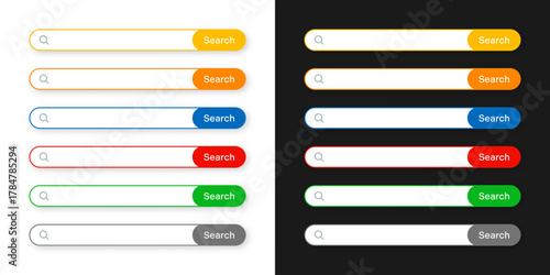 Colorful 3d search bar templates. Internet browser engine with search box, address bar and text field. UI design, website interface element with web icons and push button. Vector illustration.