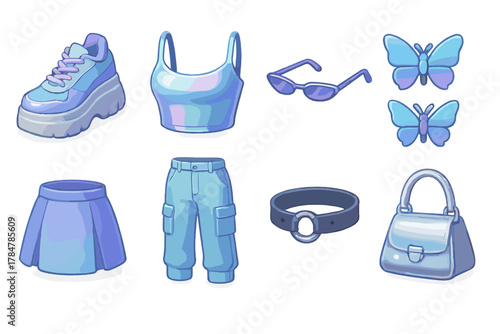 Fashion silhouette icon set. featuring sneaker, crop top, sunglasses, butterflies, skirt, pants, belt, bag