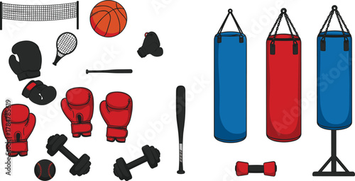 Sports and fitness equipment set, boxing gloves, dumbbells, punching bags, volleyball net, basketball, tennis racket, baseball bat, training gear vector