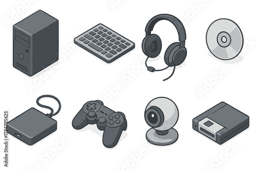 Tech devices silhouette icon set. featuring pc, keyboard, headphones, cd, dock, gamepad, webcam, floppy disk