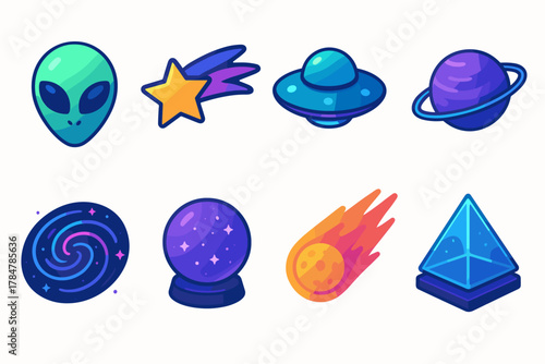 Space themed flat icon set. featuring alien, star, ufo, planet, galaxy, crystal ball, comet, pyramid