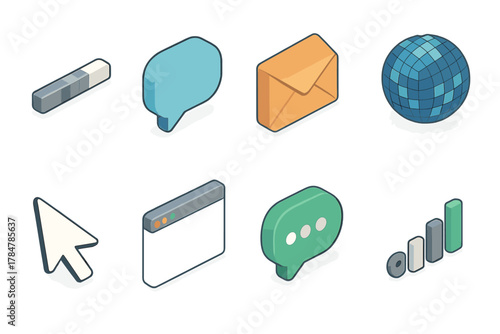 Communication isometric icon set. featuring chat, email, globe, cursor, browser, and chart symbols