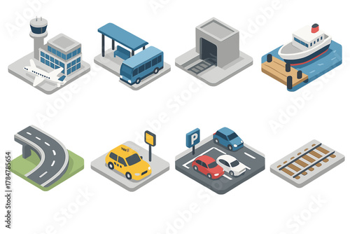 Transportation isometric icon set. featuring airplane, bus, metro, ship, road, taxi, parking, railway symbols