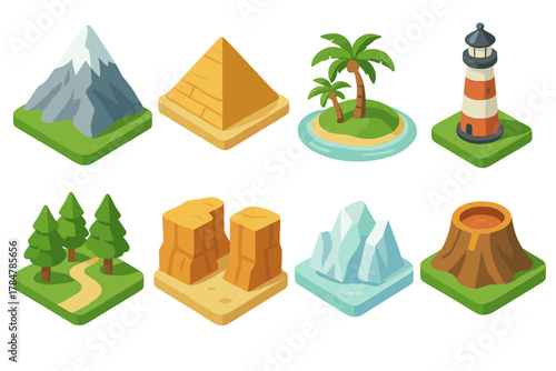 Travel destinations flat icons set. mountain, pyramid, island, lighthouse, forest, canyon, glacier, volcano