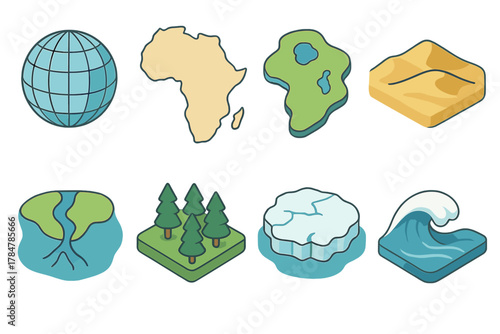 Geography flat icons set. featuring globe, africa, asia, desert, river, forest, ice, wave symbols