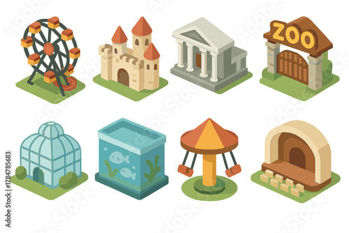 Parks and recreation flat icon set. featuring zoo, aquarium, ferris wheel, castle, museum, and playground