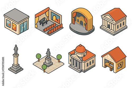 Performing arts flat icons set. featuring gallery, theater, concert, museum, statue, opera, and amphitheater symbols