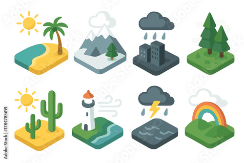 Weather and nature isometric icon set. featuring beach, mountain, city, forest, cactus, lighthouse, storm, rainbow