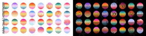 Grunge vintage colorful sunset. Striped gradient sunrise badges in 80s and 90s style. Sun and ocean view, summer vibes, surfing. Design element for print, logo or t-shirt. Vector illustration.