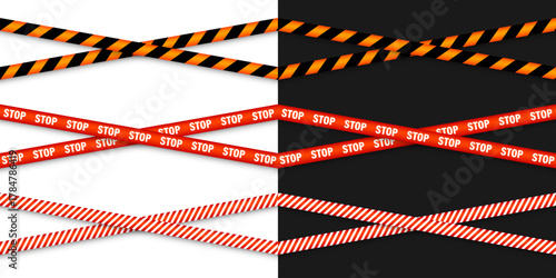 Barricade construction tape. Colorful police warning line, brightly colored danger or hazard stripe, ribbon. Restricted area, zone. Attention symbol. Vector illustration.