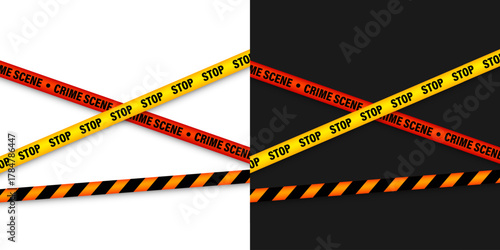 Barricade construction tape. Colorful police warning line, brightly colored danger or hazard stripe, ribbon. Restricted area, zone. Attention symbol. Vector illustration.