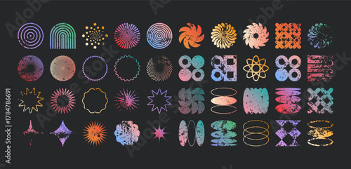 Brutalist geometric shapes, modern grunge symbols. Simple primitive elements and forms, distressed details. Retro design, aged, vintage, trendy contemporary minimalist style, y2k. Vector illustration.