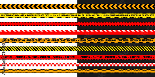 Barricade construction tape. Colorful police warning line, brightly colored danger or hazard stripe, ribbon. Restricted area, zone. Attention symbol. Vector illustration.