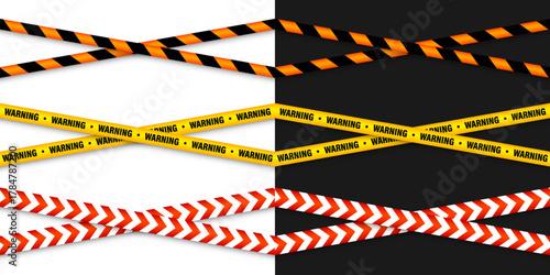 Barricade construction tape. Colorful police warning line, brightly colored danger or hazard stripe, ribbon. Restricted area, zone. Attention symbol. Vector illustration.