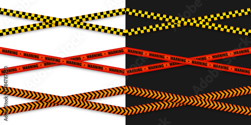 Barricade construction tape. Colorful police warning line, brightly colored danger or hazard stripe, ribbon. Restricted area, zone. Attention symbol. Vector illustration.