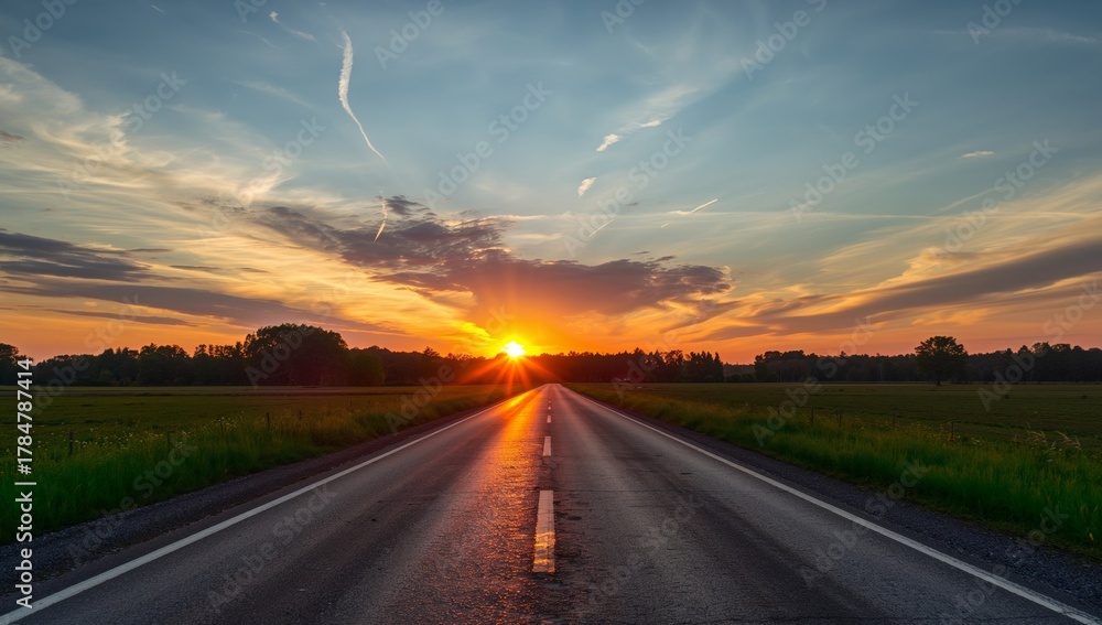 Naklejka premium Asphalt Horizon. A vanishing point amidst a golden sky, with textured clouds.