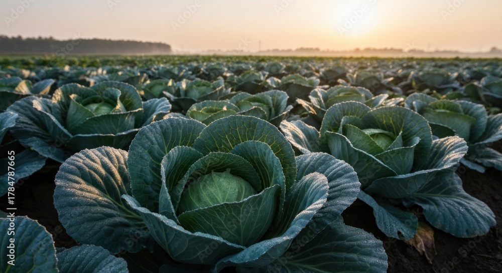 Obraz premium Cabbage field at dawn, rows of leafy vegetables under bright sunlight