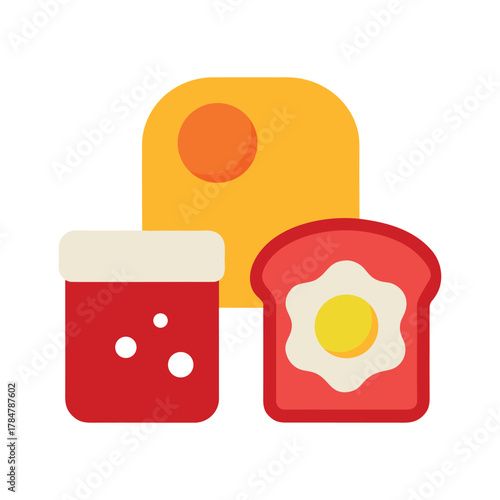 Colorful, cartoonish icons of a white piece of toast, a yellow fried egg, a red jam jar, and a slice of brown cheese, all on a white background.