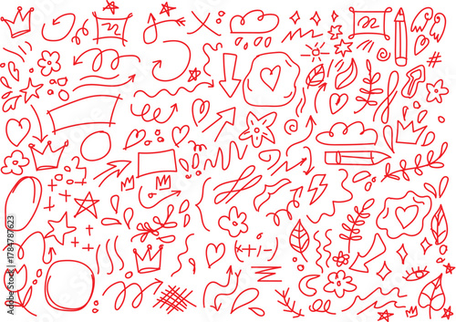 Whimsical red doodles and hand drawn elements collection A vibrant collection of hand-drawn red doodles featuring hearts, crowns, flowers, clouds, and abstract shapes on a white background.