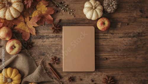 Autumn Arrangement on Rustic Wood, Featuring a Notebook and Seasonal Elements.