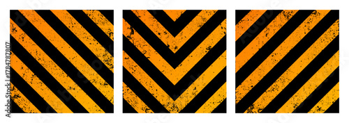 Warning sign with yellow and black diagonal lines. Attention, danger or caution symbol. Construction site signage, road safety notice, hazard banner, security alert shield. Vector illustration.
