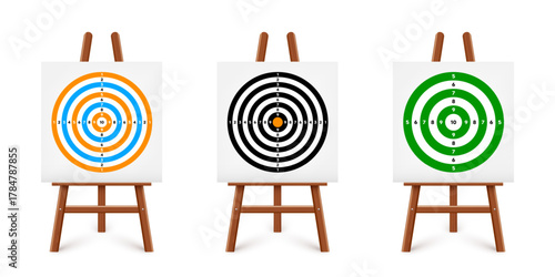 Shooting range target on a wooden easel stand. Paper target with divisions, marks and numbers. Archery, gun shooting and training, sport competition, hunting. Bullseye and aim. Vector illustration.