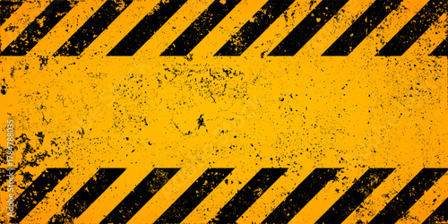 Warning sign with yellow and black diagonal lines. Attention, danger or caution symbol. Construction site signage, road safety notice, hazard banner, security alert shield. Vector illustration.