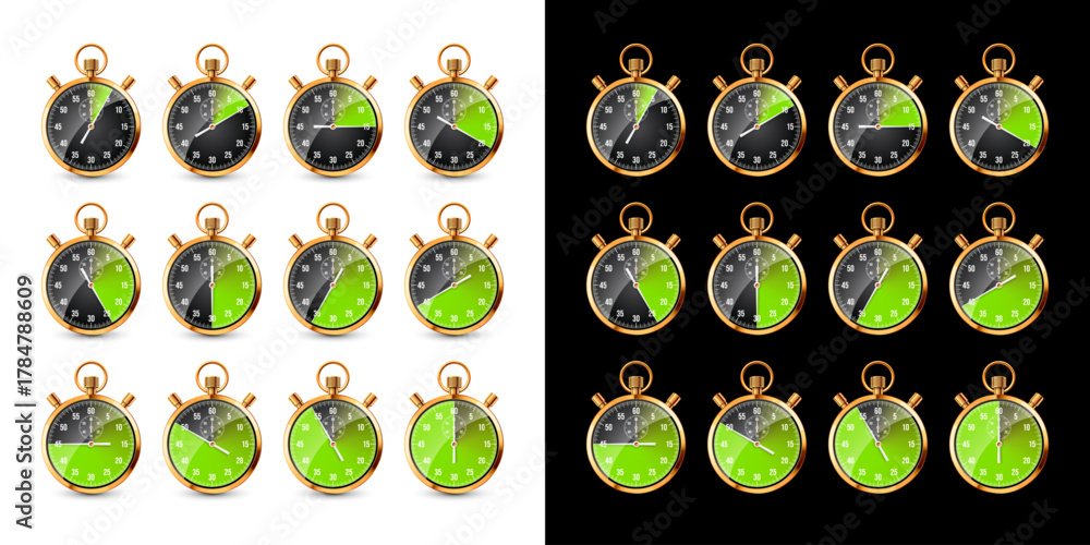 Fototapeta premium Realistic classic stopwatch. Shiny golden metal chronometer, time counter with dial. Green countdown timer showing minutes and seconds. Time measurement for sport, start, finish. Vector illustration.