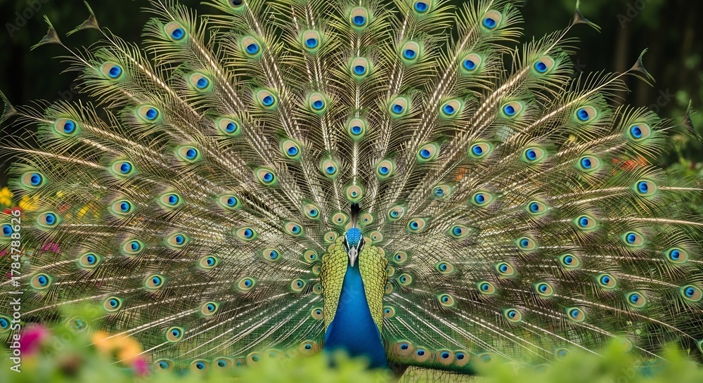 Naklejka premium Peacock displaying its iridescent fanned tail feathers green and blue plumage
