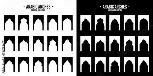 Islamic frames, oriental style objects. Arabic shapes, windows and arches. Traditional ornamental banner, frame. Muslim holidays, Ramadan Kareem. Modern eastern architecture. Vector illustration.